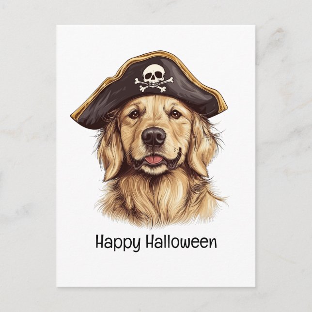 Carte Postale Happy Halloween Pirate Golden Retriever Crâne chie (Devant)