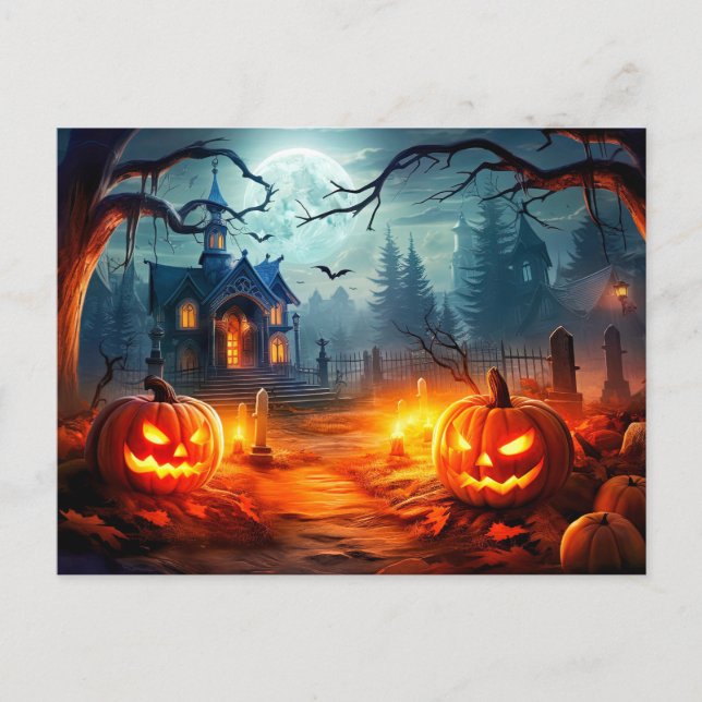 Carte Postale Happy Halloween Sinister Haunted House & Citrouill (Devant)