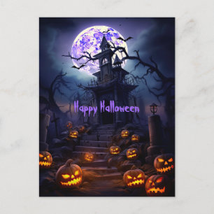 Carte Postale Happy Halloween Skeleton Skull Haunted House
