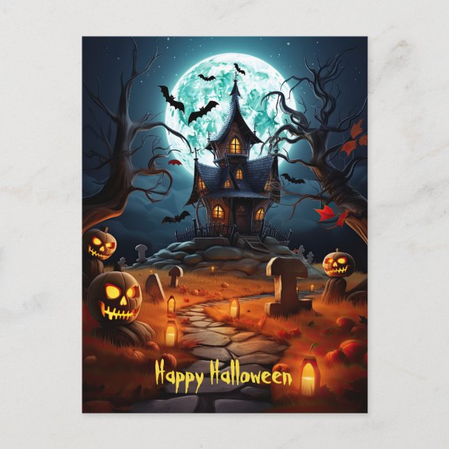 Carte Postale Happy Halloween Skeleton Skull Haunted House (Devant)