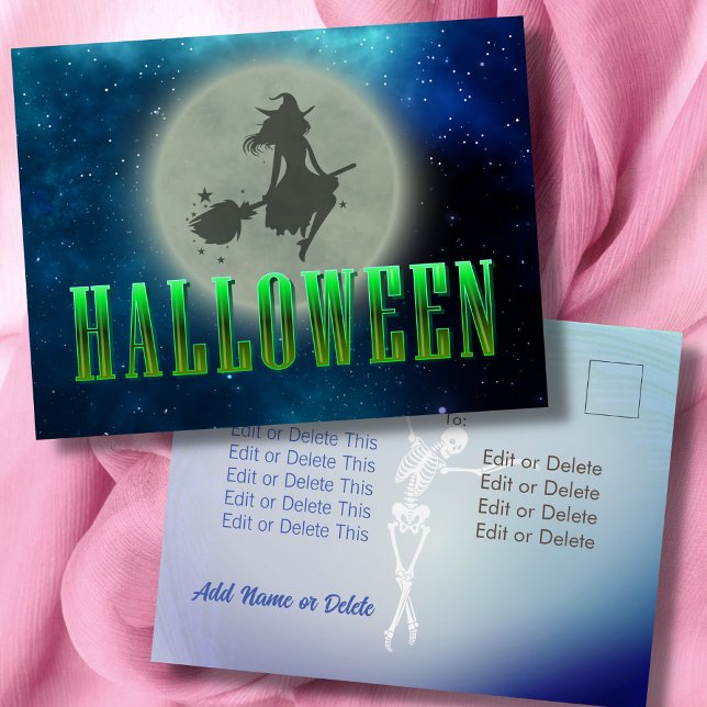 Carte Postale Happy Halloween sorcière lune squelette boo typogr (Créateur téléchargé)