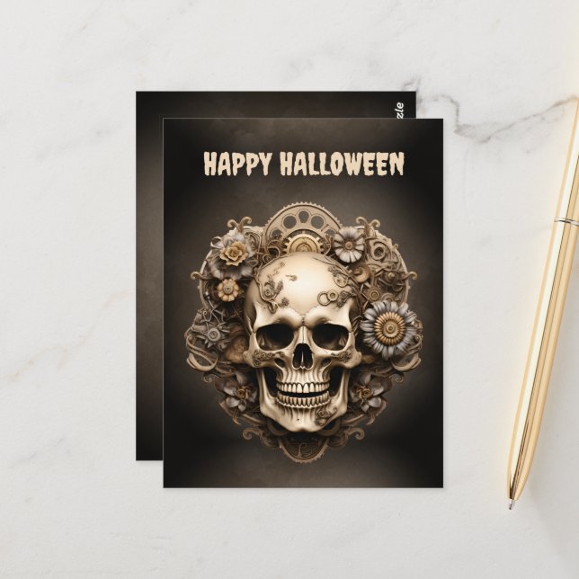Carte Postale Happy Halloween Steampunk Skull Skeleton (Devant/Arrière en situation)