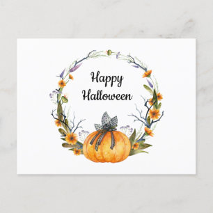 Carte Postale Happy Halloween Watercolor Citrouille Wreath