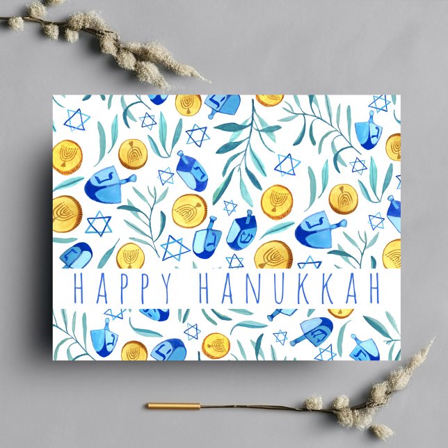 Carte Postale Happy Hanoukka Driedel Gelt Aquarelle PERSONNALISÉ (Custom watercolor pattern Happy Hanukkah postcard)