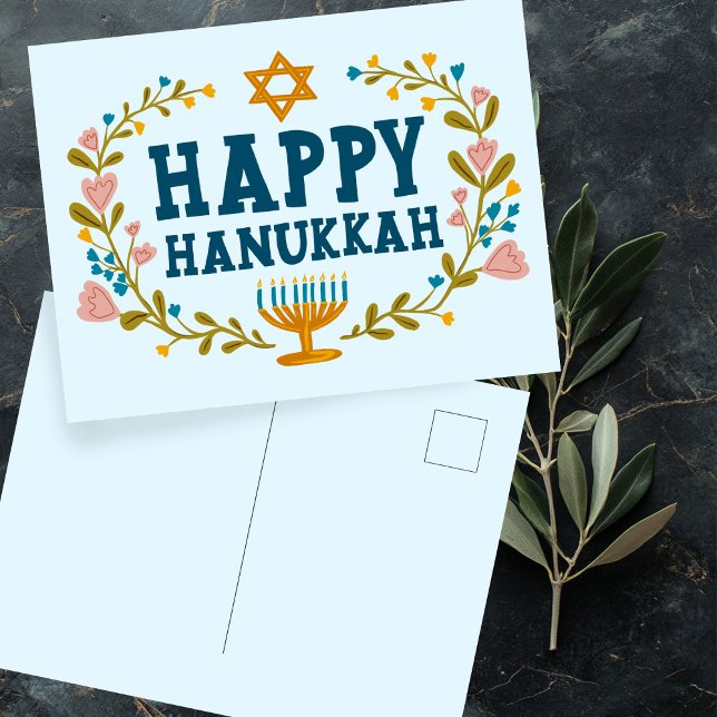 Carte Postale HAPPY HANOUKKA floral wreath Juif Personnalisable (HAPPY HANUKKAH floral wreath Jewish Customizable Postcard
)
