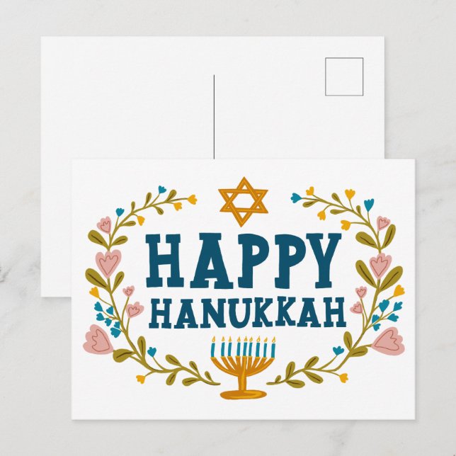 Carte Postale HAPPY HANOUKKA floral wreath Juif Personnalisable (Devant / Derrière)
