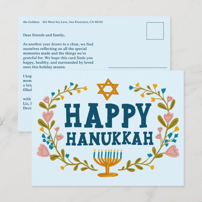 Carte Postale HAPPY HANOUKKA Floral Wreath Menorah Texte personn (Devant / Derrière)