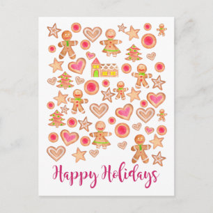 Carte Postale Happy Holidays watercolor gingerbread cookies