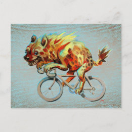 Carte Postale Happy Hyena à vélo sur un Arrière - plan bleu