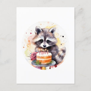 Carte Postale Happy Raccoon avec gâteau d'anniversaire