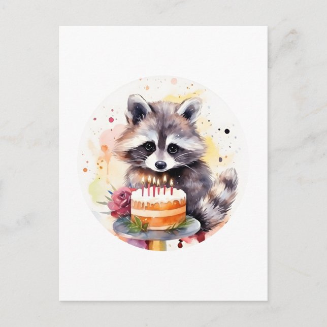 Carte Postale Happy Raccoon avec gâteau d'anniversaire (Devant)