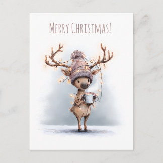 Carte Postale Happy reindeer holds hot mug, Christmas