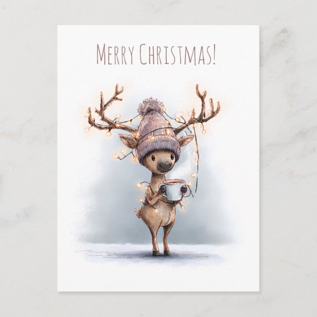 Carte Postale Happy reindeer holds hot mug, Christmas (Devant)