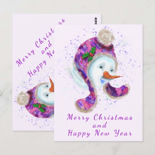 Carte Postale Happy Snowman Dans Purple Rose Beanie Hiver Casque (Devant / Derrière)