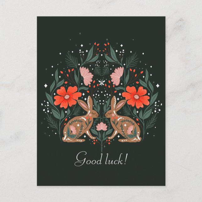 Carte Postale Hares avec fleurs et motifs nordiques (Devant)