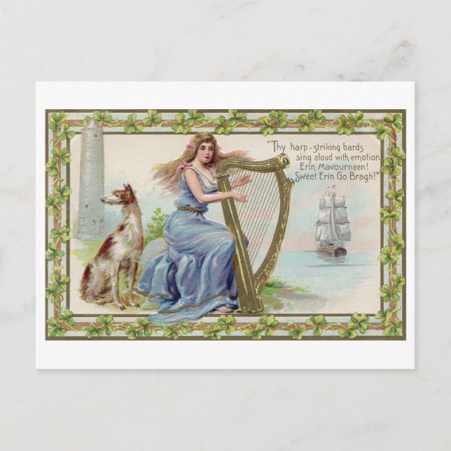 Carte Postale Harpe et chien, Shamrock, Saint Patrick's Day, Vin (Devant)