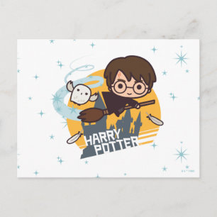 Carte Postale Harry et Hedwig en dessin animé volant au-delà de