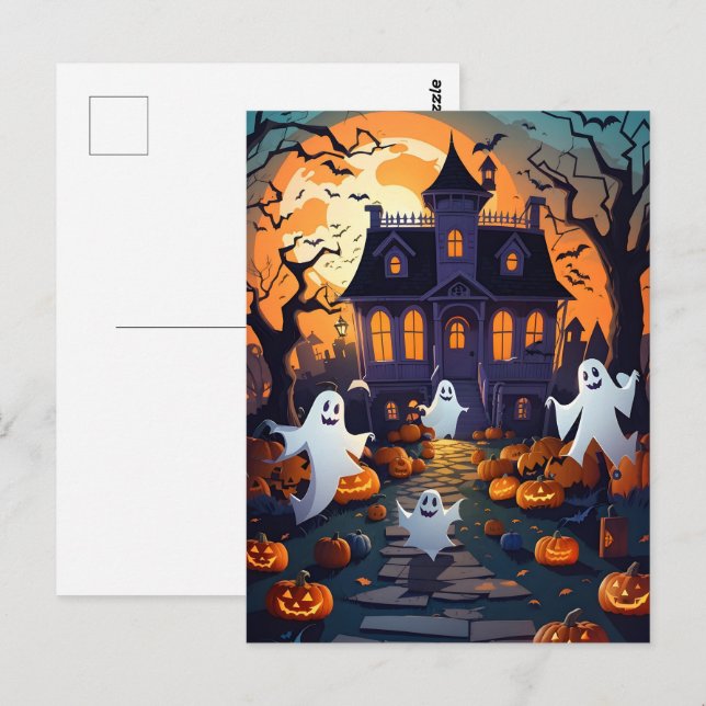 Carte Postale Haunted House and Ghost Halloween (Devant / Derrière)