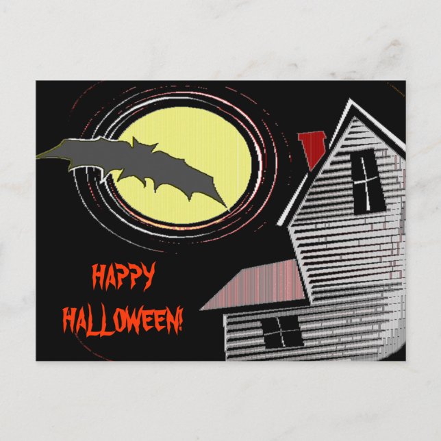 Carte Postale Haunted House Pleine lune et chauve-souris (Devant)