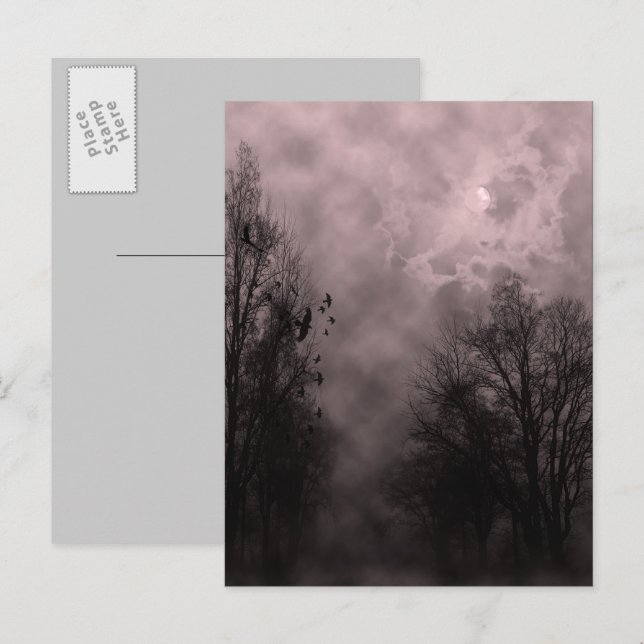 Carte Postale Haunween sang ciel rouge avec ravens (Devant / Derrière)
