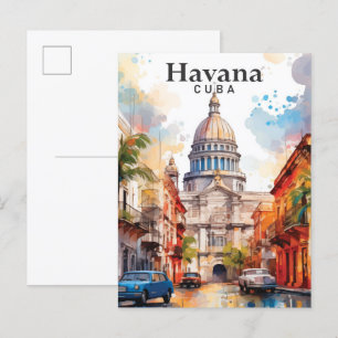 Carte Postale Havana Cuba Aquarelle Peinture Voyage