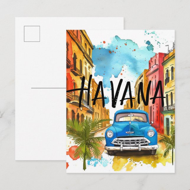 Carte Postale Havana Cuba Aquarelle Peinture Voyage (Devant / Derrière)