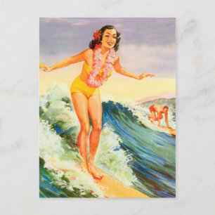 Carte Postale Hawaii, fille de surfer hawaïenne sur une grande v