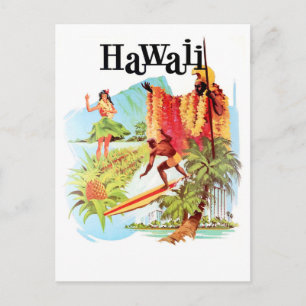 Carte Postale Hawaii, fille Hula et autochtones vous accueille p