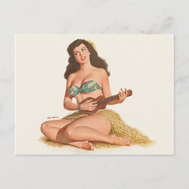 Carte Postale Hawaii pin-up fille joue petite guitare, peinture, (Devant)