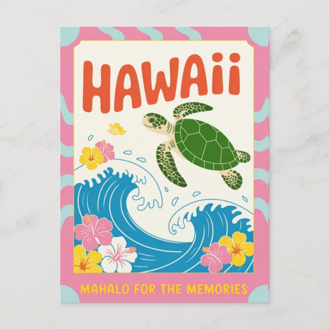 Carte Postale Hawaii USA Retro Sea Turtle Hibiscus Mahalo (Devant)
