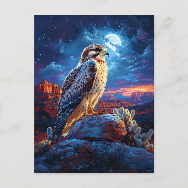 Carte Postale Hawk dans le désert sous une Pleine lune (Devant)