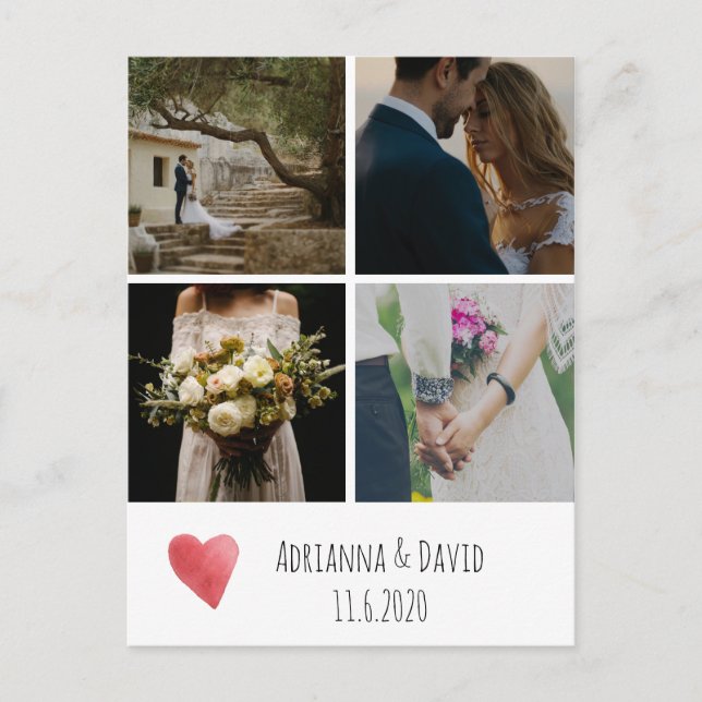 Carte Postale Heart Watercolor Mariage Merci photo Collage (Devant)
