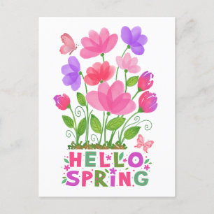 Carte Postale Hello Fleurs et papillons rose et pourpre du print