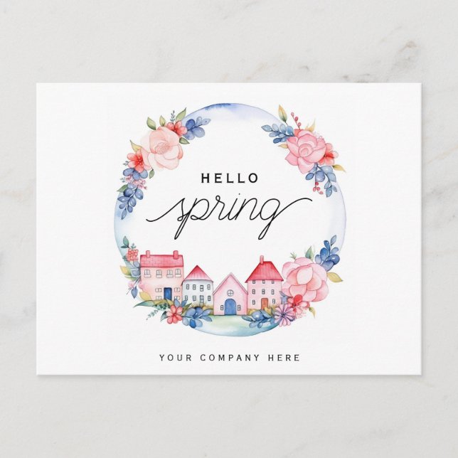 Carte Postale Hello Spring Watercolor Floral Wreath House Immo (Devant)