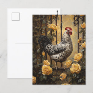 Carte Postale Hen moucheté avec peinture à l'huile de rose jaune