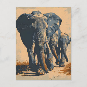Carte Postale Herd d'éléphants vintages : Sérénité dans la natur