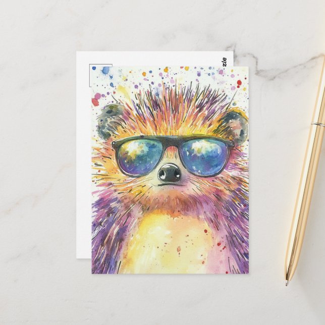 Carte Postale Hérisson adorable dans lunettes de soleil Aquarell (Devant/Arrière en situation)