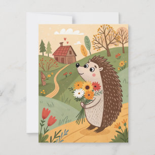 Carte Postale Hérisson avec fleurs art populaire