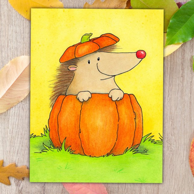 Carte Postale Hérisson Mignon dans Citrouille d'Automne (Créateur téléchargé)