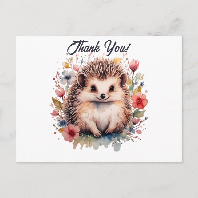Carte Postale Hérisson mignon dans les fleurs d'aquarelle Merci (Devant)