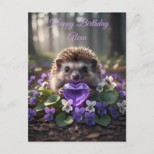 Carte Postale Hérisson mignon de février avec cœur d'améthyste