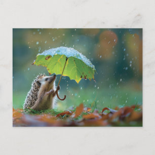 Carte Postale Hérisson mignon tenant un parapluie de feuilles