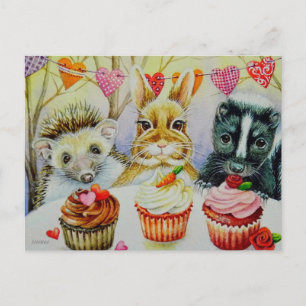 Carte Postale Hérisson Rabbit Skunk & Cupcakes Watercolor Art