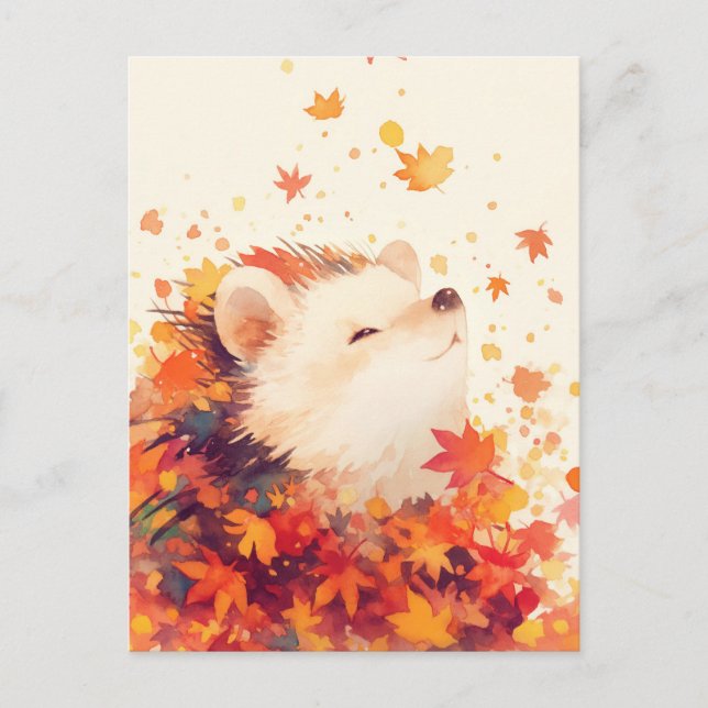 Carte Postale Hérisson Sourire dans Feuille d'Érable d'Automne (Devant)
