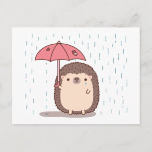 Carte Postale Hérisson triste tenant un parapluie sous la pluie