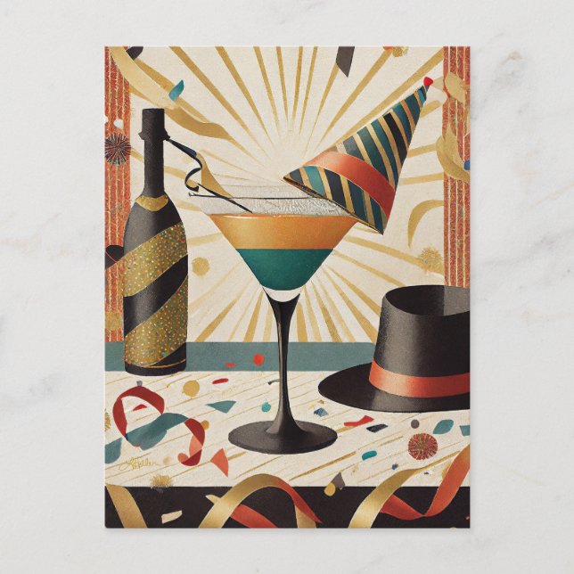 Carte Postale Heure Cocktail Mi-Siècle Nouvel An Design (Devant)