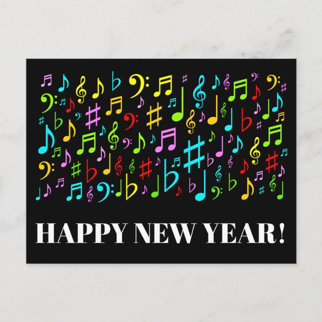 Carte Postale HEUREUSE NOUVELLE ANNÉE + Symboles de musique colo (Devant)