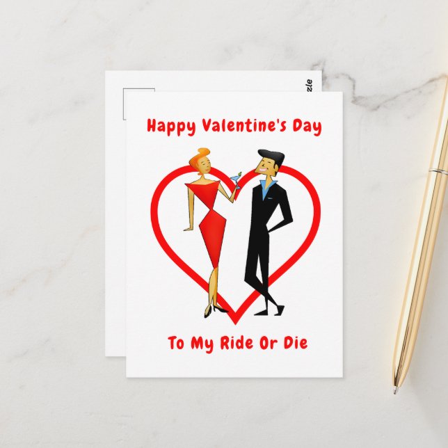 Carte Postale Heureuse Sainte-Valentin Ride ou Die (Devant/Arrière en situation)