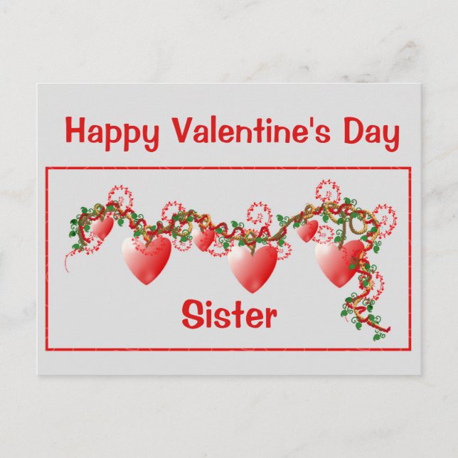 Carte Postale Heureuse Sainte-Valentin, Soeur, Coeurs rouges (Devant)