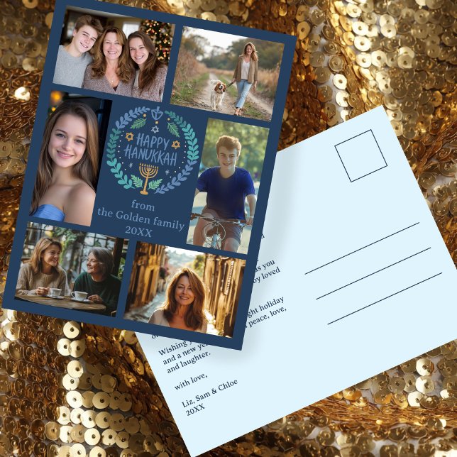 Carte Postale HEUREUX HANOUKKA CUSTOM-Drawn 6 PHOTO Holiday (HAPPY HANUKKAH Hand-Drawn CUSTOM 6 PHOTO Holiday Postcard
)